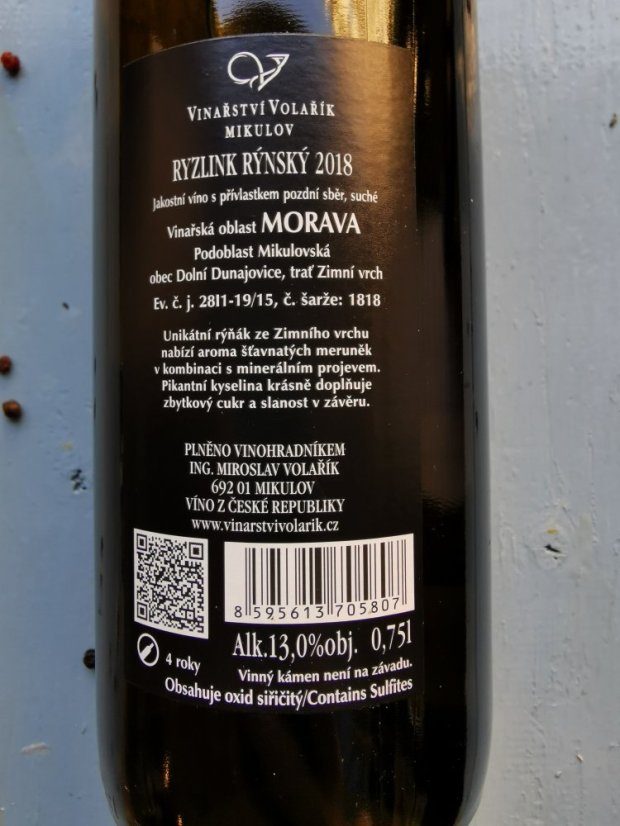 Ryzlink rýnský 0,75L Pozdní sběr Volařík